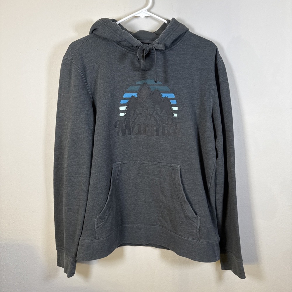 Marmot Hoodie Mens Medium Gray Pullover Hooded Logo Sweatshirt Outdoor Hiking